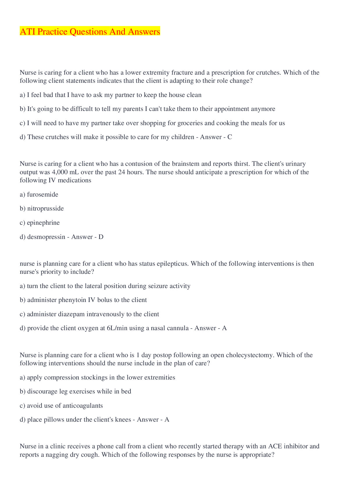 Preview image for ATI Practice Questions And Answers 2022/2023